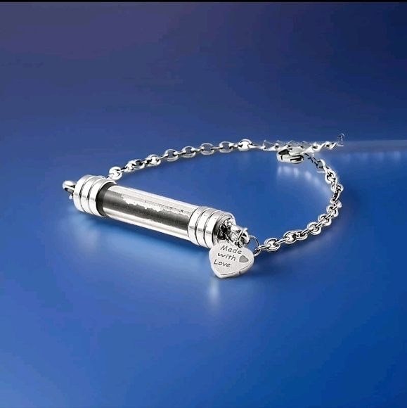 Shungite Glass Bottle Charm Adjustable Bracelet in Etched Stainless Steel - Picture 1 of 8